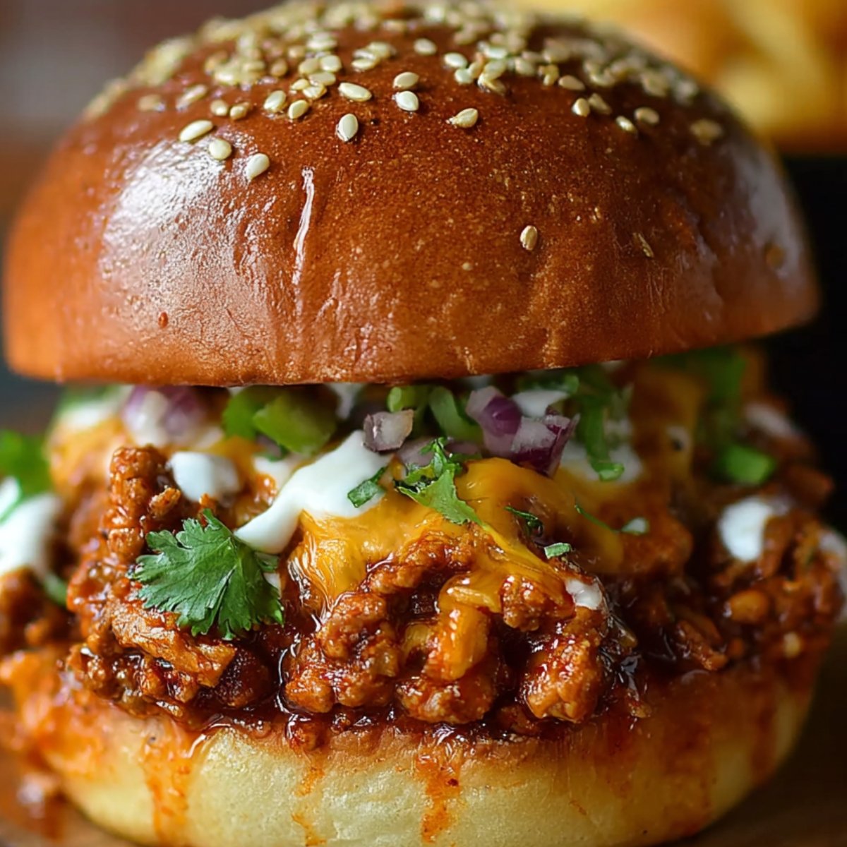 A close‑up of a Sloppy Joe recipe sandwich on a sesame‑topped brioche bun, filled with glossy, saucy seasoned ground beef, melted cheddar cheese, a drizzle of creamy sauce, diced red onion and cilantro leaves peeking out from under the top bun.