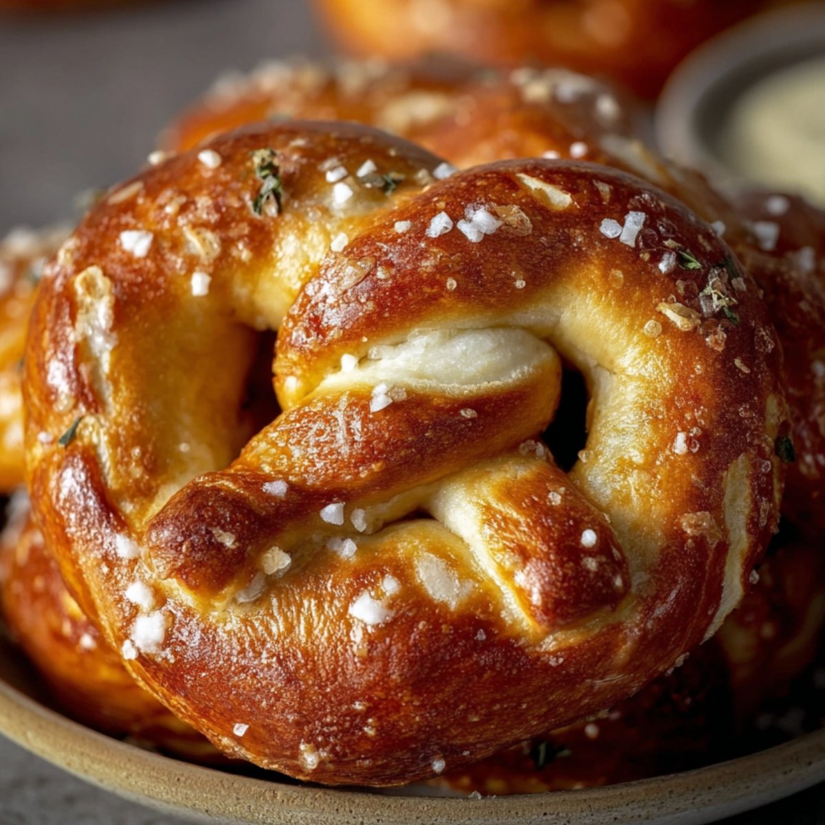 Close-up of a golden, glossy Soft Pretzel Recipe l sprinkled with coarse salt on a plate, background softly blurred.