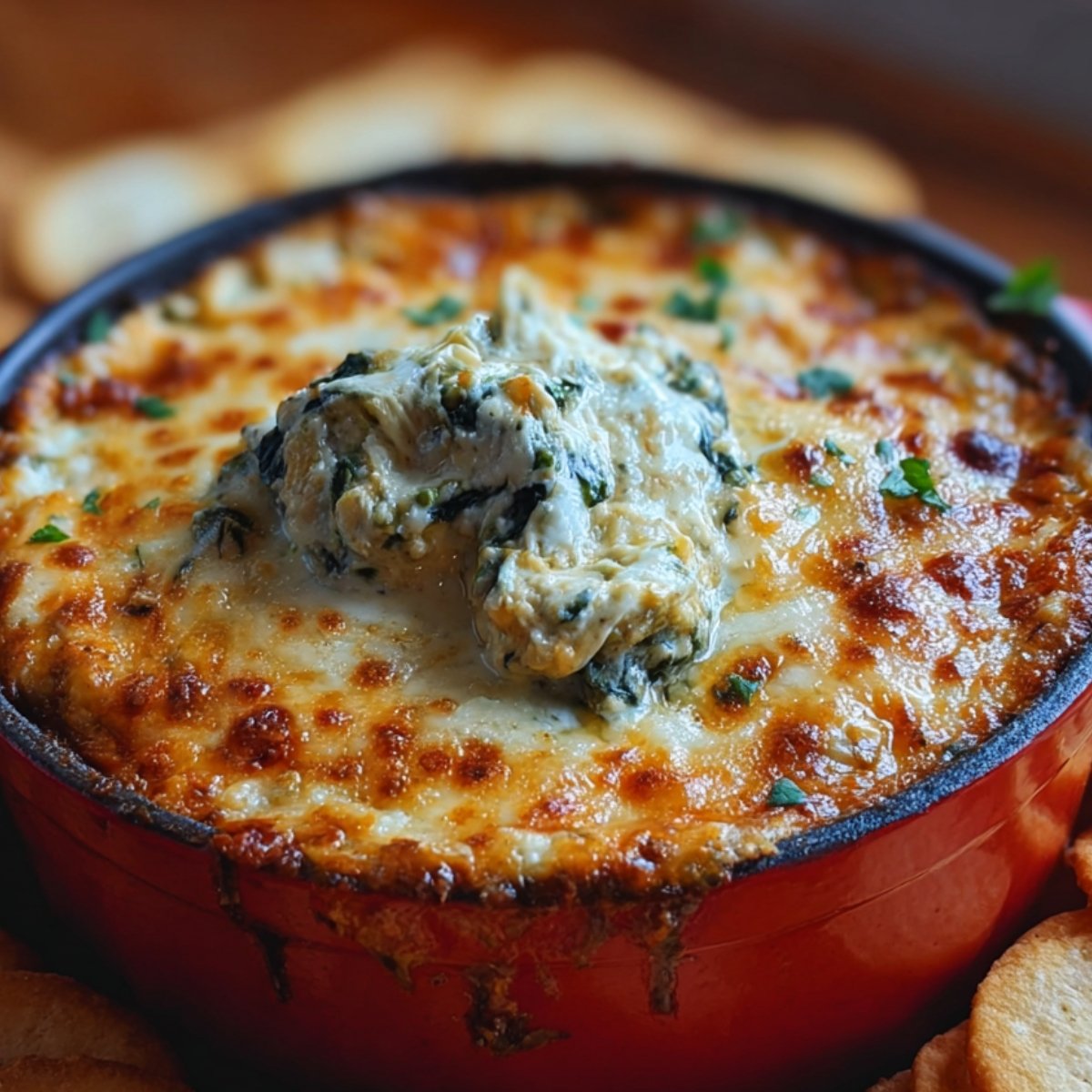 Close‑up of a red enamel baking dish filled with bubbling, golden‑brown spinach artichoke dip, the melted cheese crust slightly browned and chopped parsley sprinkled on top, surrounded by a ring of round crackers.”