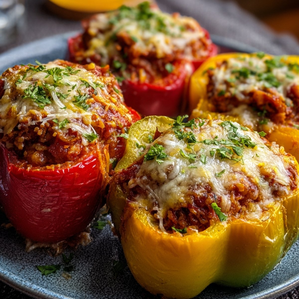 Close-up of yellow, red, and Stuffed Bell Peppers filled with beef and rice, their cheese tops browned and sprinkled with fresh parsley on a metal tray.