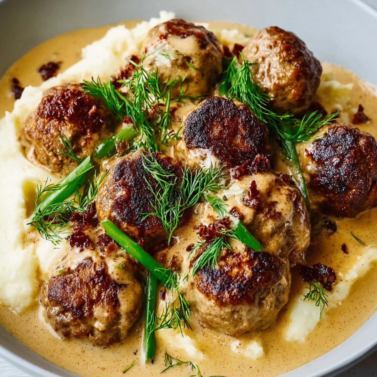 Swedish meatball recipe served in a creamy brown gravy over mashed potatoes, topped with fresh dill and chopped green onions.