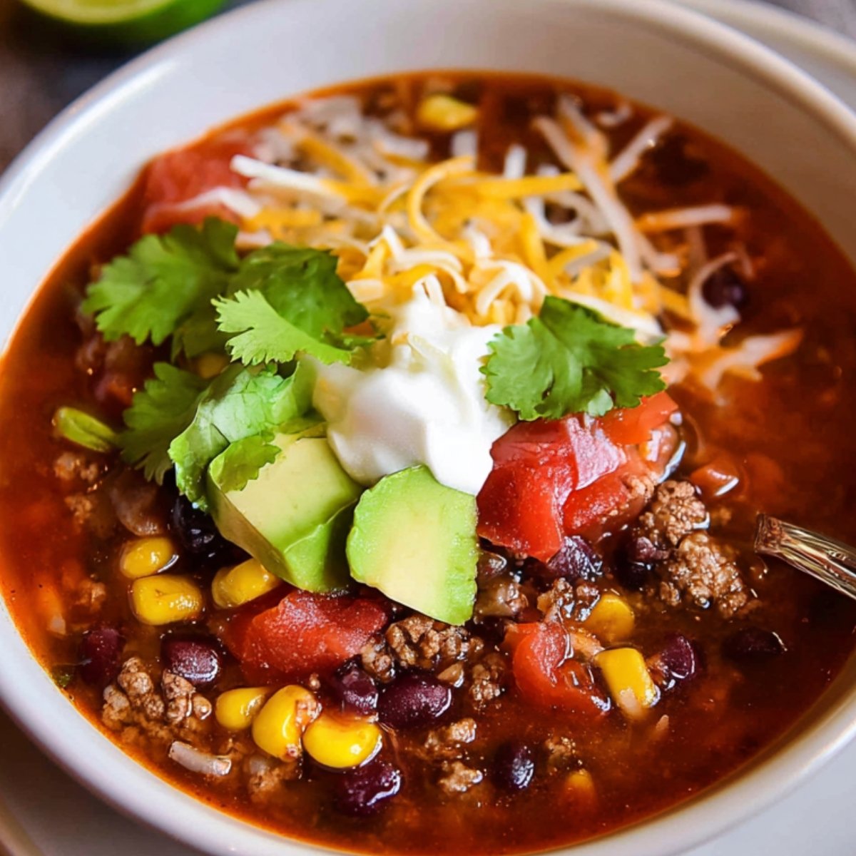 A white ceramic bowl filled with hearty Taco Soup Recipe tomato‑based broth studded with ground beef, black beans, corn, and tomato chunks—topped with sliced avocado, a spoonful of sour cream, shredded cheese, and fresh cilantro leaves, with lime halves and a silver spoon resting beside it.