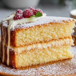 A two‑layer vanilla cake recipe slice on a wooden plate: moist pale yellow sponge layers filled and topped with vanilla bean frosting, dusted with powdered sugar, and garnished with fresh raspberries and a mint leaf.
