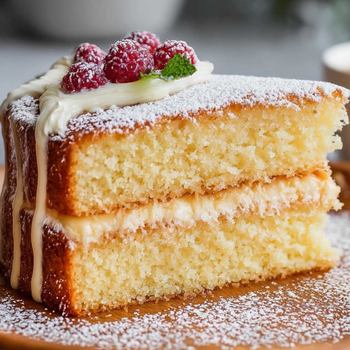 A two‑layer vanilla cake recipe slice on a wooden plate: moist pale yellow sponge layers filled and topped with vanilla bean frosting, dusted with powdered sugar, and garnished with fresh raspberries and a mint leaf.