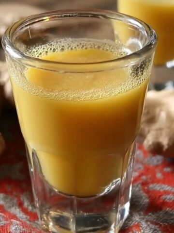 Close-up of a small glass shot filled with bright yellow ginger shot recipe juice, with fresh ginger root pieces blurred in the background