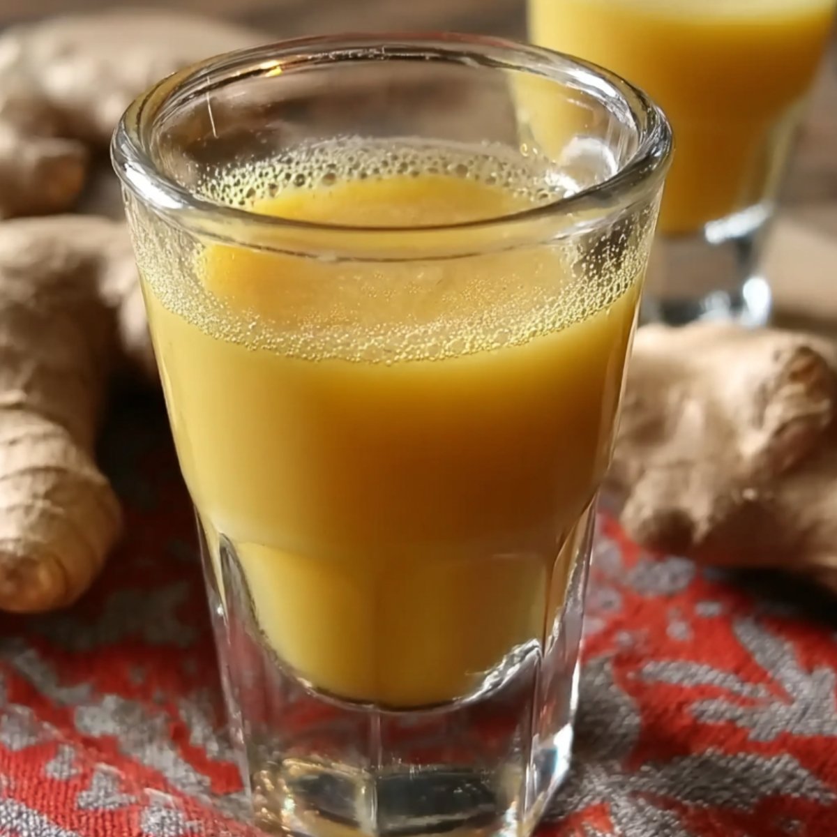 Close-up of a small glass shot filled with bright yellow ginger shot recipe juice, with fresh ginger root pieces blurred in the background