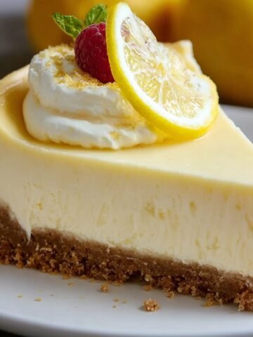 Slice of creamy lemon cheesecake recipe on a white plate, topped with whipped cream, a lemon wheel, a raspberry, and a mint leaf, with whole lemons blurred in the background.