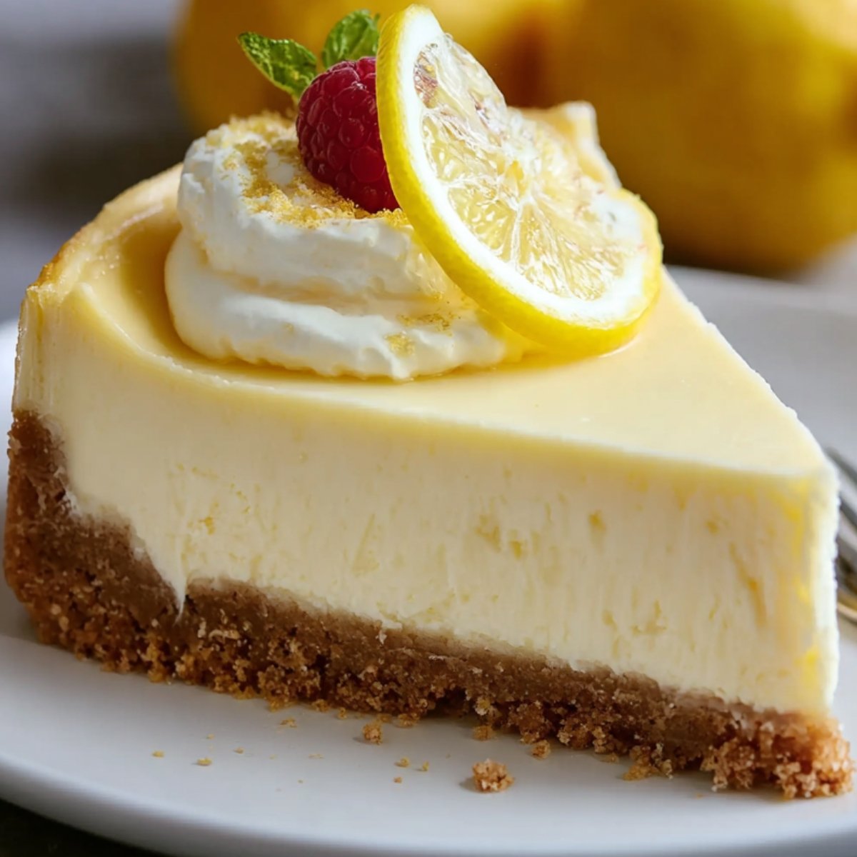 Slice of creamy lemon cheesecake recipe on a white plate, topped with whipped cream, a lemon wheel, a raspberry, and a mint leaf, with whole lemons blurred in the background.