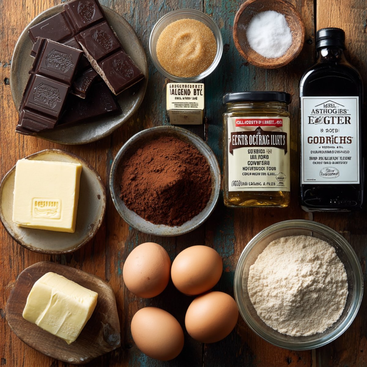 A top‑down view of a weathered wooden countertop with ingredients for a brownie base neatly arranged: broken dark chocolate pieces, a small bowl of unsweetened cocoa powder, a stick of unsalted butter, two large eggs, a glass bowl of granulated sugar, a bowl of brown sugar, and a bottle of vanilla extract.
