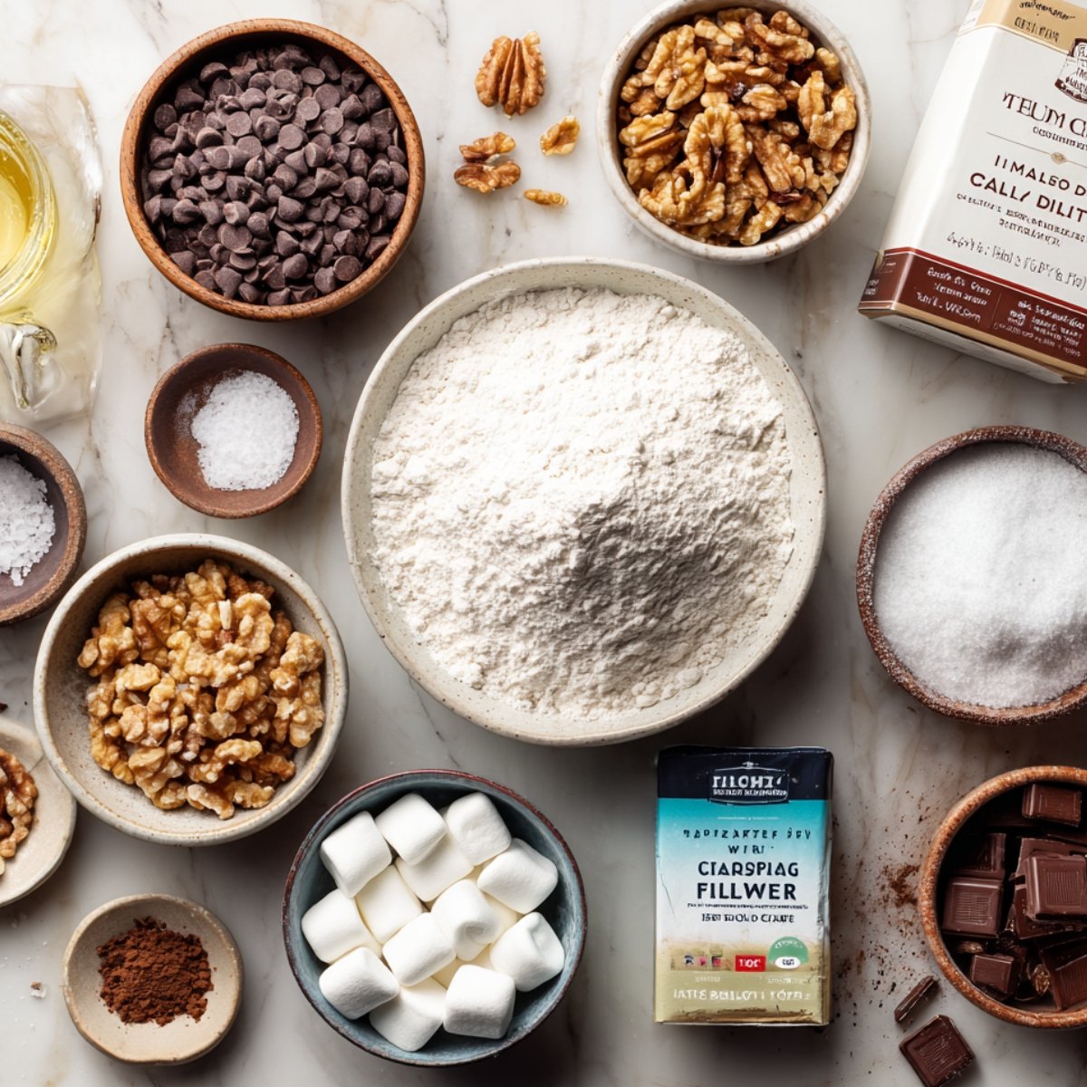 A flat‑lay on a light marble countertop showing bowls and piles of mix‑ins: a mound of all‑purpose flour in a large bowl, a small bowl of baking powder, a pinch of salt, a bowl of glossy chocolate chips, chopped walnuts, a small dish of sea salt flakes, and a handful of mini marshmallows.