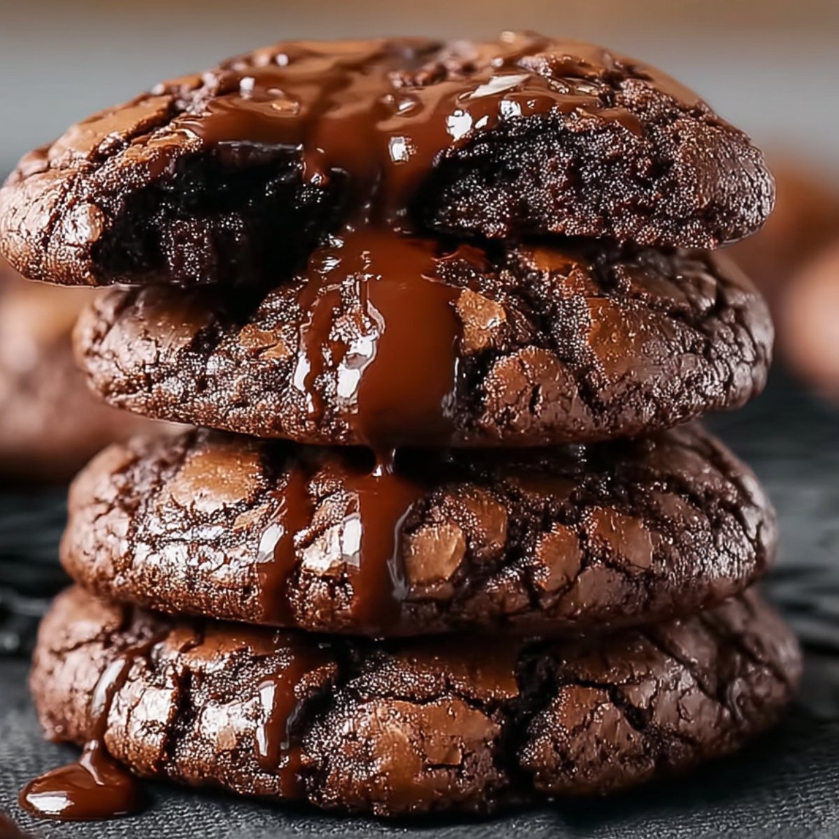 A close‑up of three fudgy chocolate brownie cookies stacked on a dark surface. The top cookie is broken in half, revealing a gooey interior, with warm melted chocolate slowly dripping down the sides.