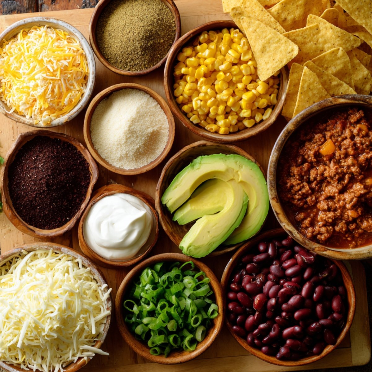 A vibrant overhead shot of a wooden board holding small bowls and dishes of taco soup ingredients: shredded yellow and white cheese, finely ground spices, bright yellow corn kernels, crispy tortilla chips, rich red chili with ground beef, dark red kidney beans, sliced ripe avocado halves, chopped green onions, a dollop of sour cream, and fresh cilantro sprigs clustered at the corner.