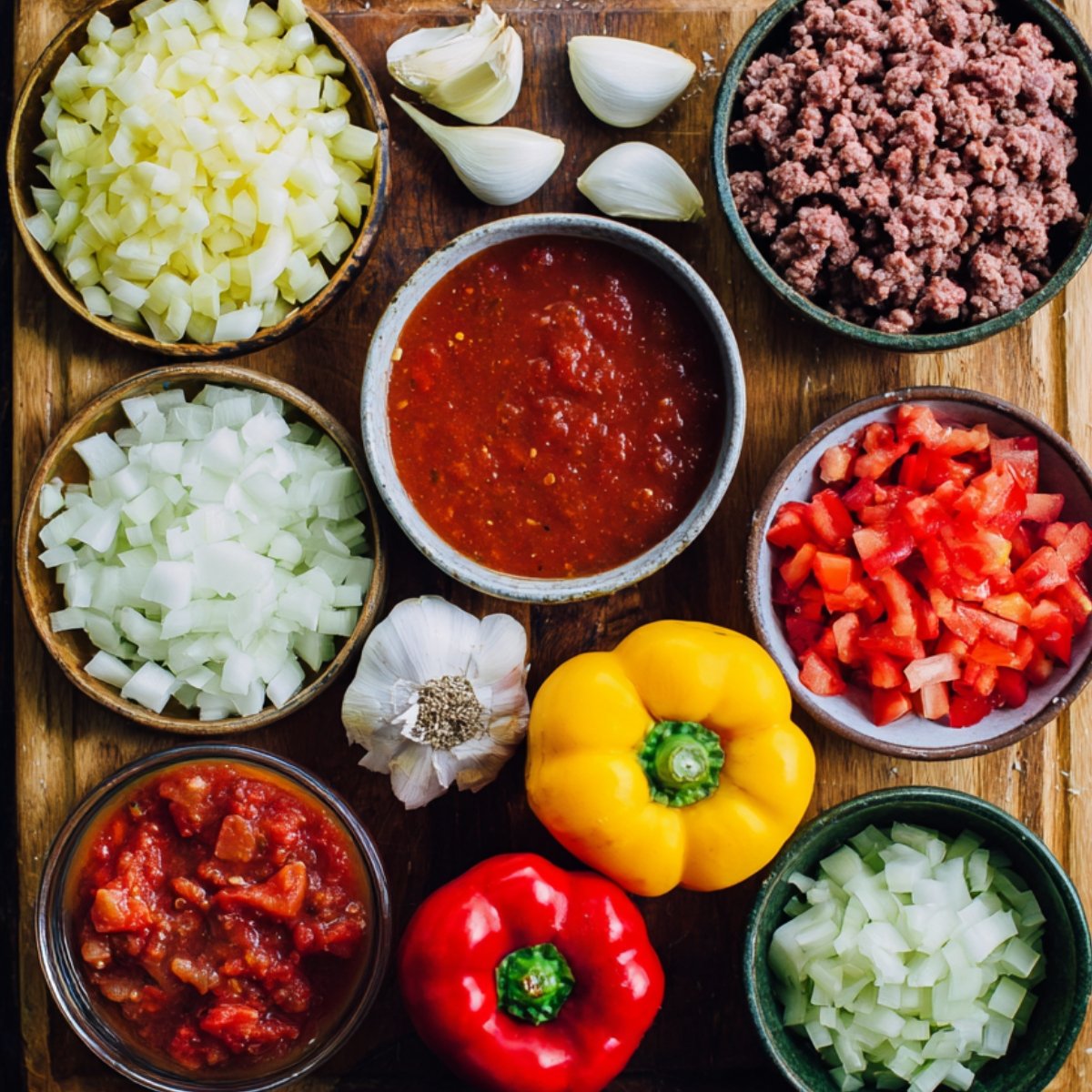An overhead view of a wooden cutting board displaying taco soup fixings in small bowls: two portions of finely diced white onion, a bowl of chunky red salsa, cooked ground beef crumbles, diced red bell pepper, minced garlic cloves, two bell peppers (one yellow, one red), and an unpeeled garlic bulb arranged symmetrically around the board.