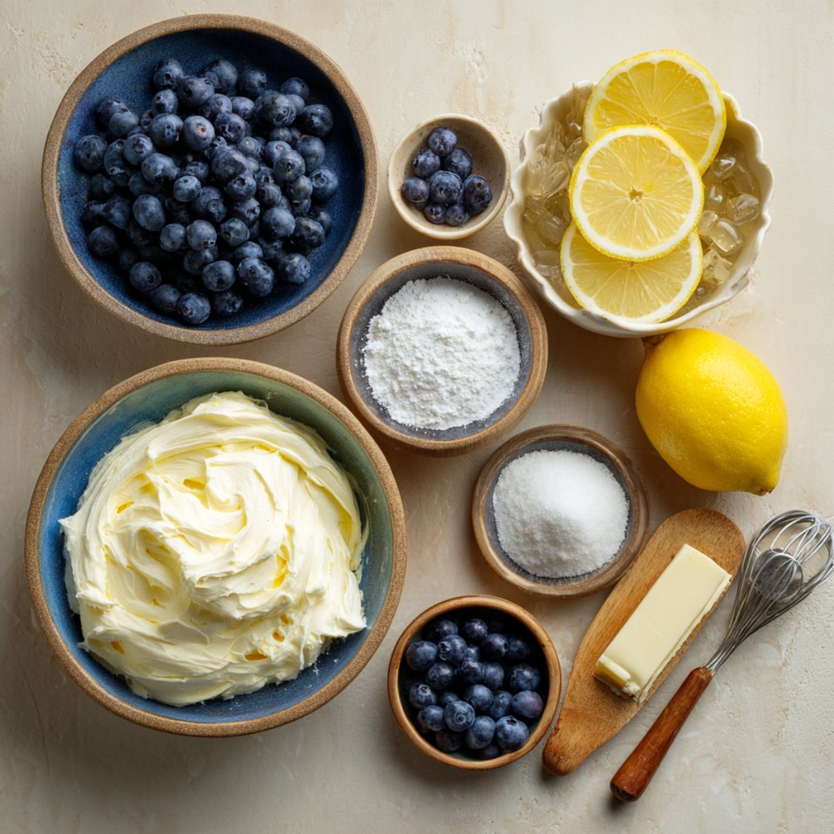Overhead shot of a blue ceramic bowl filled with smooth lemon‑buttercream swirls, next to a small wooden bowl of fresh blueberries and a scalloped dish holding thin lemon slices on ice.