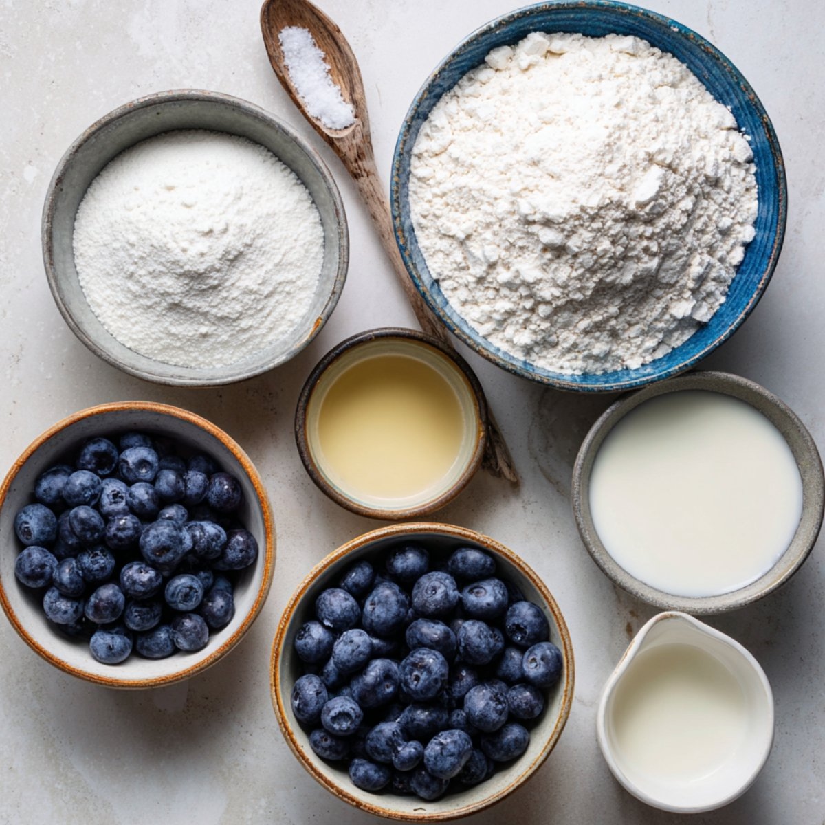 Top‑down view of baking mise en place: bowls of all‑purpose flour and powdered sugar, two bowls of fresh blueberries, a small pitcher of milk, a jug of buttermilk, and a wooden spoon of salt arranged on a pale countertop.