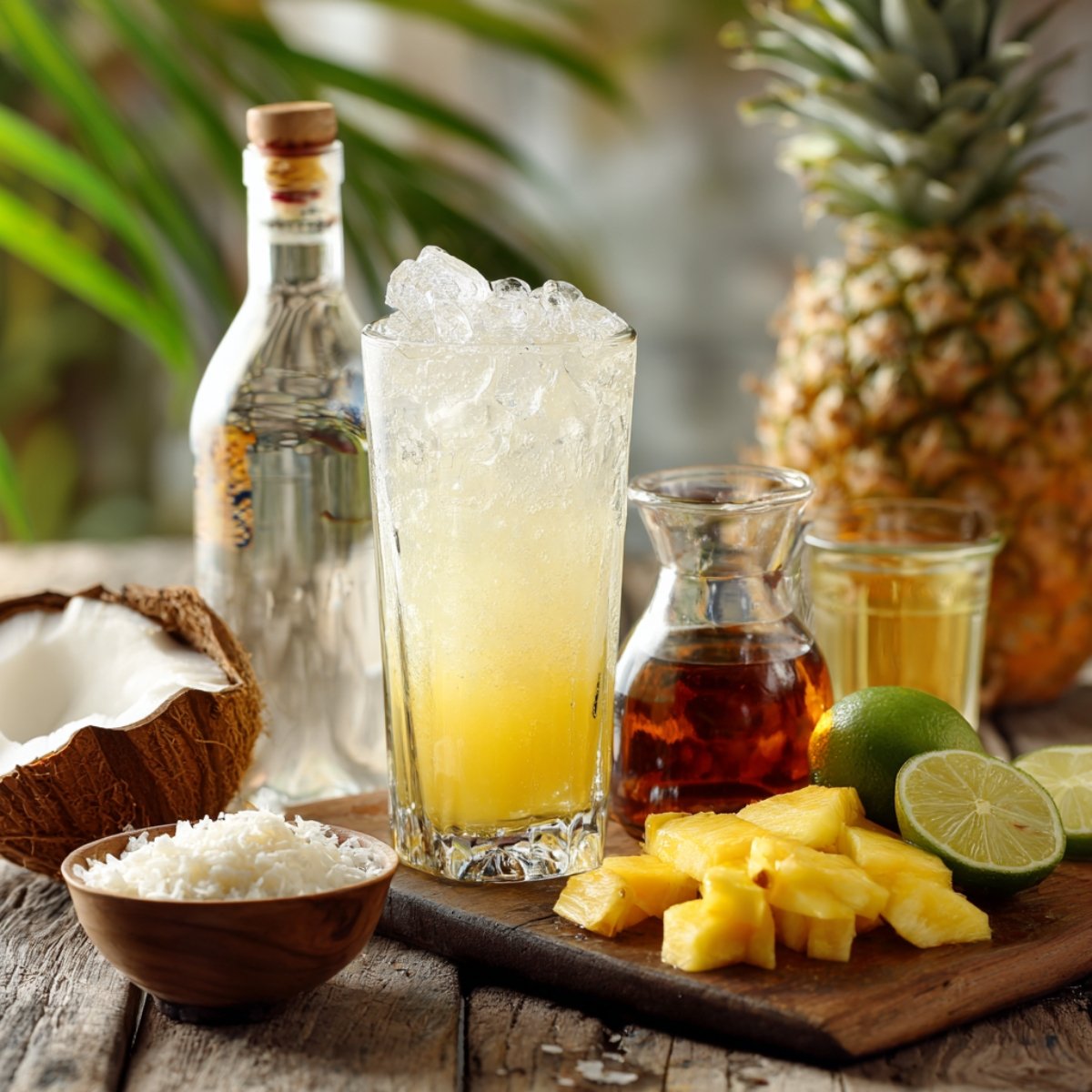 Rustic wooden table holding a bottle of white rum, a halved coconut, a small bowl of shredded coconut, a tall glass filled with crushed-ice pineapple juice, a carafe of dark rum, a shot glass of simple syrup, fresh lime halves, and pineapple chunks, set against a blurred tropical background.