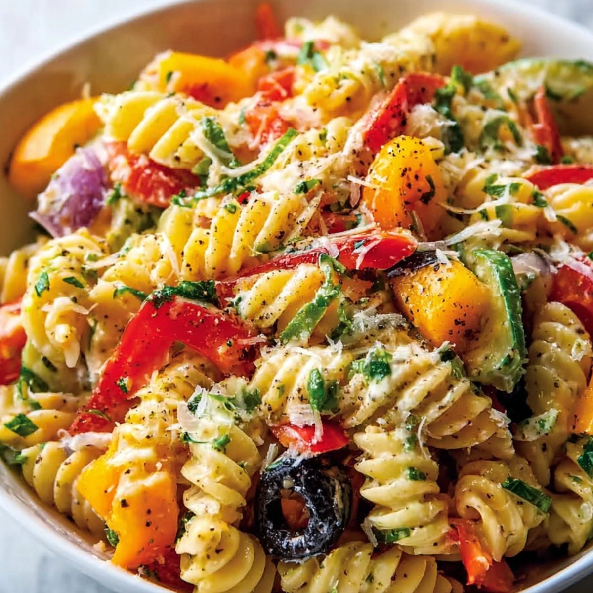 Close-up of a creamy rotini pasta salad in a bowl, tossed with cherry tomatoes, cucumber, red pepper strips, black olives, fresh herbs, and lightly sprinkled with ground black pepper
