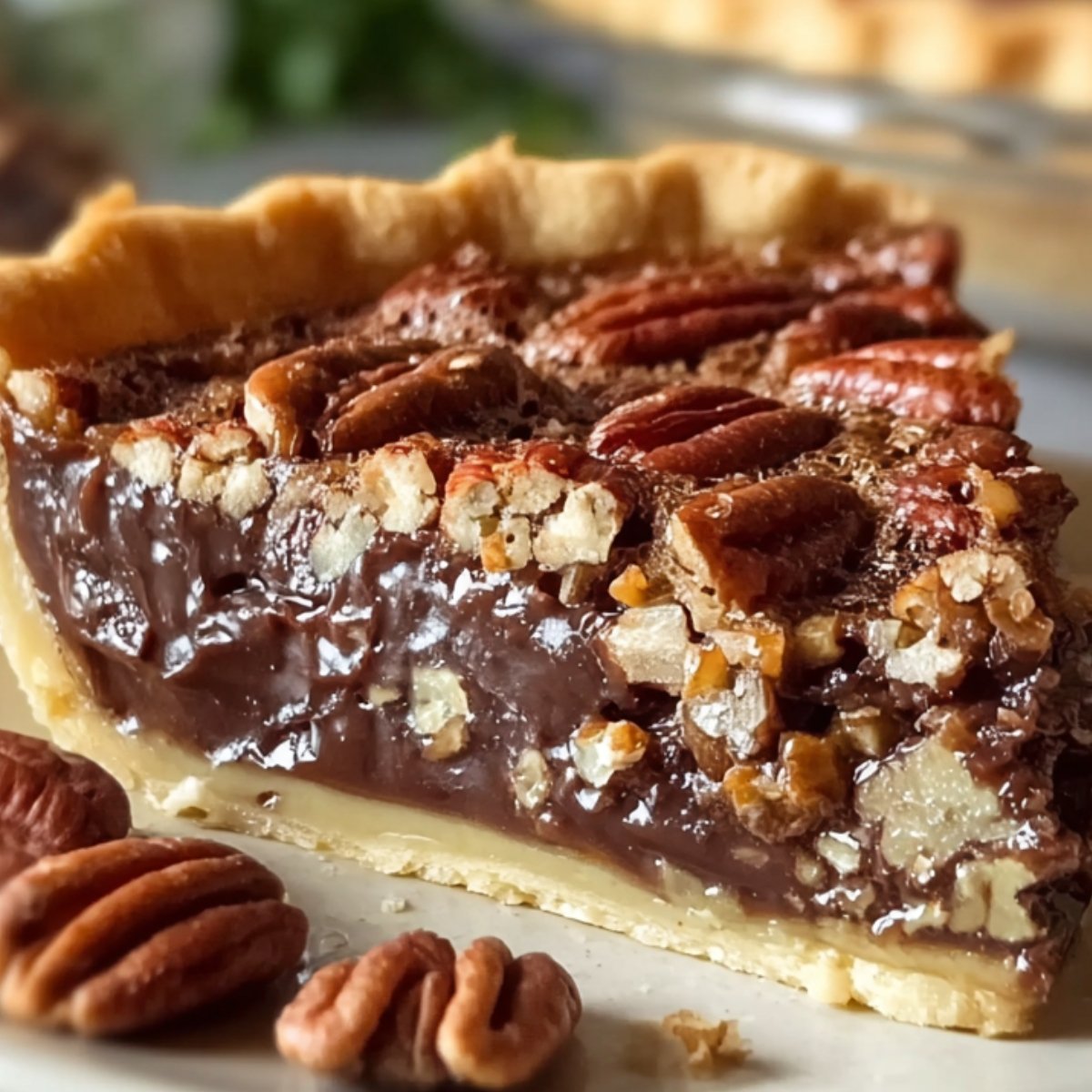 A close-up of a slice of Pecan Pie Recipe on a white plate, showing a flaky golden crust and a glossy, gooey filling studded with pecan halves, with extra pecans scattered on the plate and the rest of the pie blurred in the background.