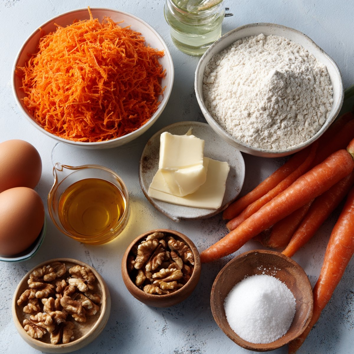 Overhead view of carrot cake ingredients laid out on a light background: a bowl of finely shredded carrots, a bowl of flour, a small pitcher of oil, two eggs, pats of butter, sugar in a wooden bowl, whole carrots, and bowls of walnuts.