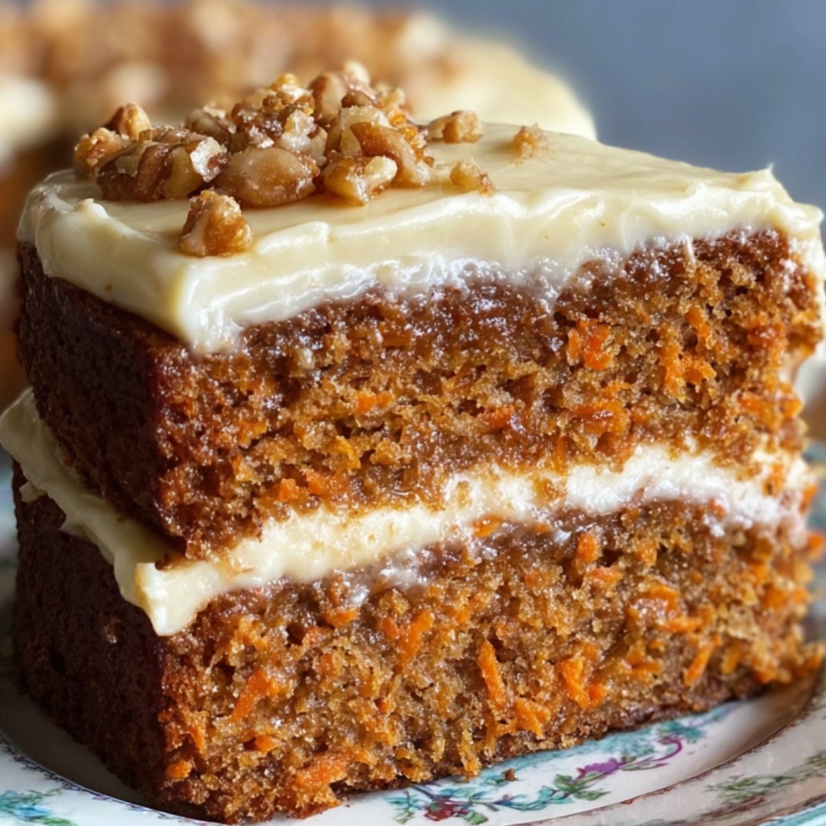 Close-up of a two-layer slice of moist Carrot Cake Recipe with cream cheese frosting between and on top, garnished with chopped walnuts on a floral plate.
