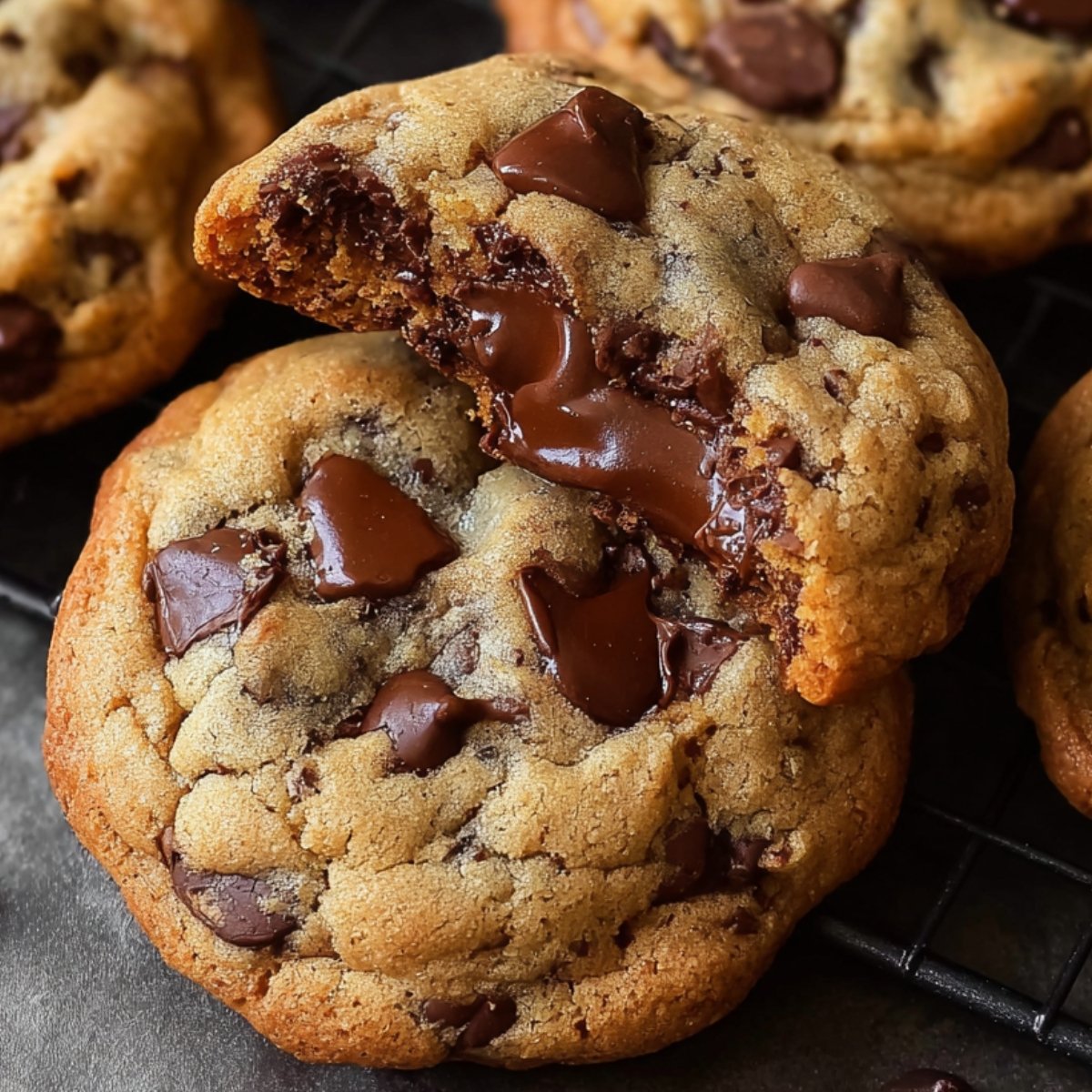 A close-up of freshly baked chocolate chip cookies cooling on a wire rack. The cookies are golden brown with semi-sweet chocolate chunks visible, some of which are melted and gooey. One cookie is partially broken, showing the soft, chewy interior with a glossy, melted chocolate center. The cookies look homemade, with uneven edges and a warm, inviting texture. The background is dark and neutral, highlighting the homemade warmth of the cookies