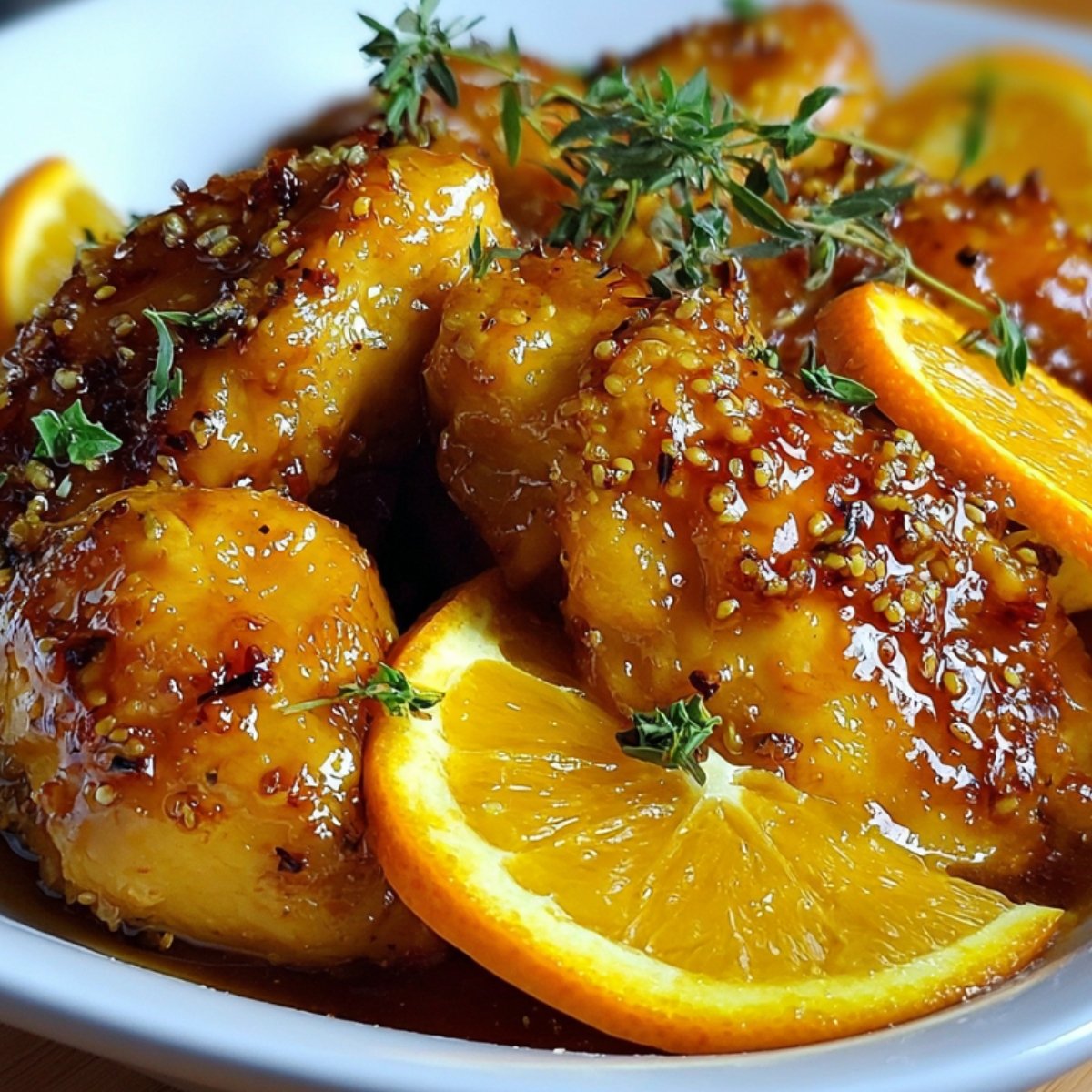 Another angled view of the homemade orange chicken recipe in a white bowl, showing glossy, textured chicken pieces nestled around juicy orange slices and topped with a few sprigs of green herb, with the sauce pooling slightly at the bottom