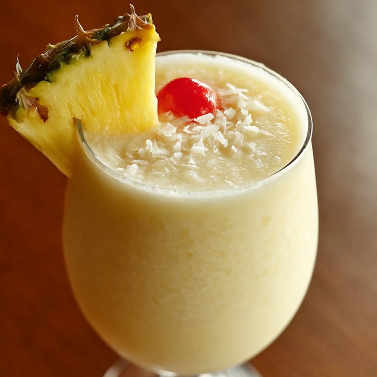 A frosty Pina Colada recipe in a rounded glass topped with coconut flakes, garnished with a maraschino cherry and a wedge of fresh pineapple, on a warm brown surface