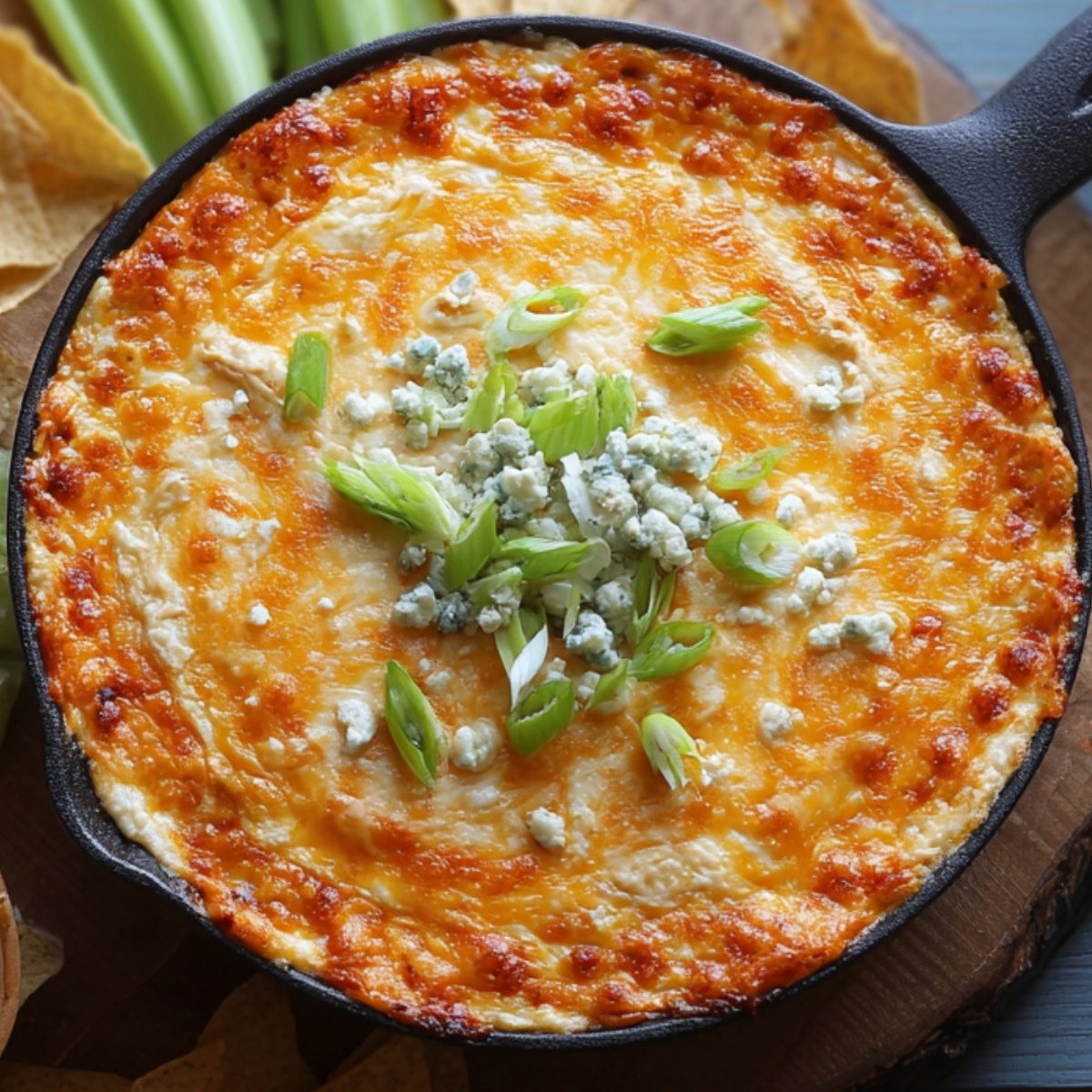 A bubbling cast-iron skillet of buffalo chicken dip topped with crumbled blue cheese and sliced green onions, set on a wooden board with celery sticks and tortilla chips in the background.