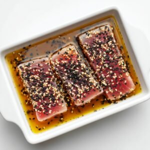 Three raw ahi tuna steaks coated in black and white sesame seeds, sitting in a shallow white baking dish filled with a sesame-soy marinade.