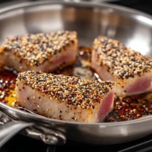 Sesame-crusted ahi tuna steaks being seared in a hot stainless steel skillet, with a golden crust forming around the edges.