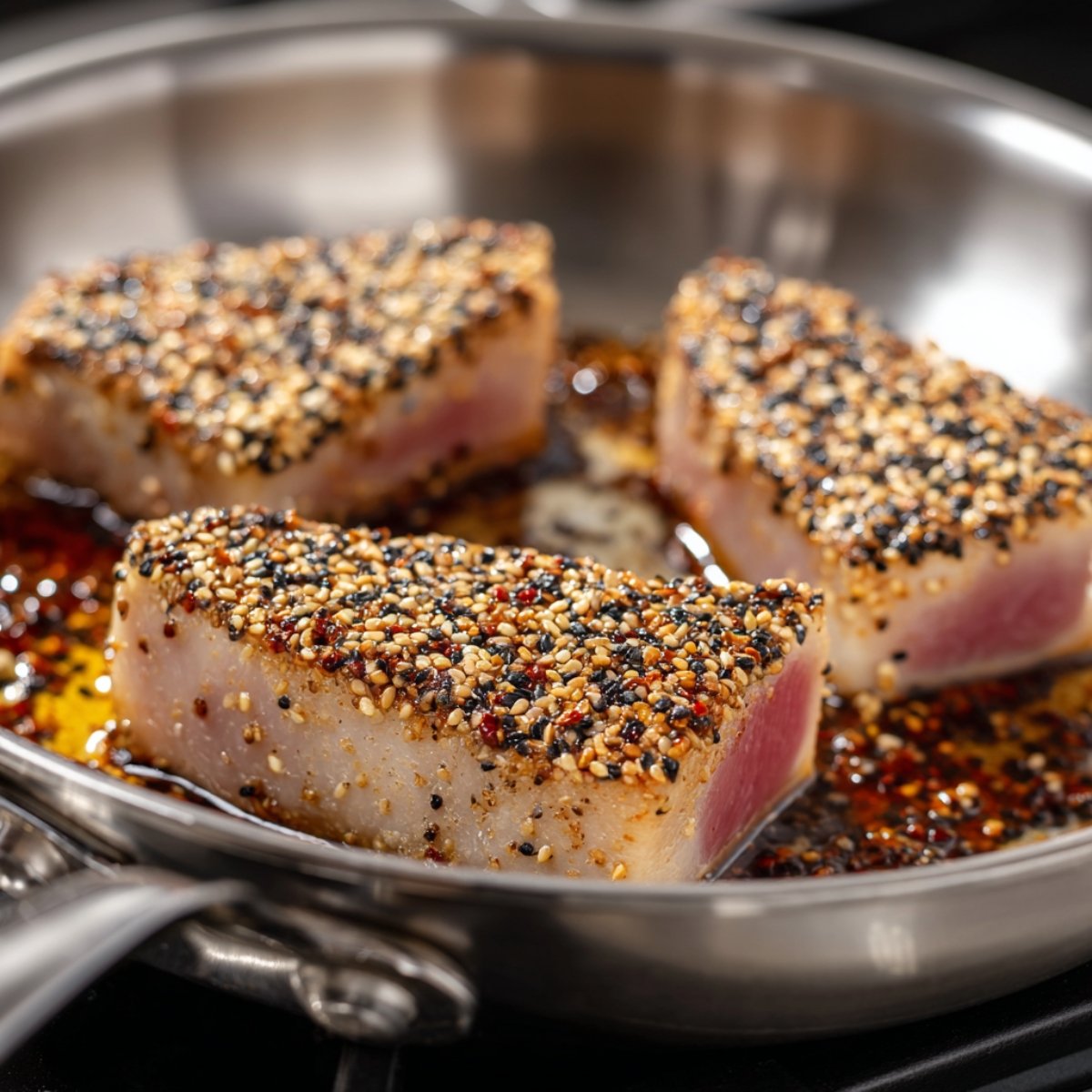 Sesame-crusted ahi tuna steaks being seared in a hot stainless steel skillet, with a golden crust forming around the edges.