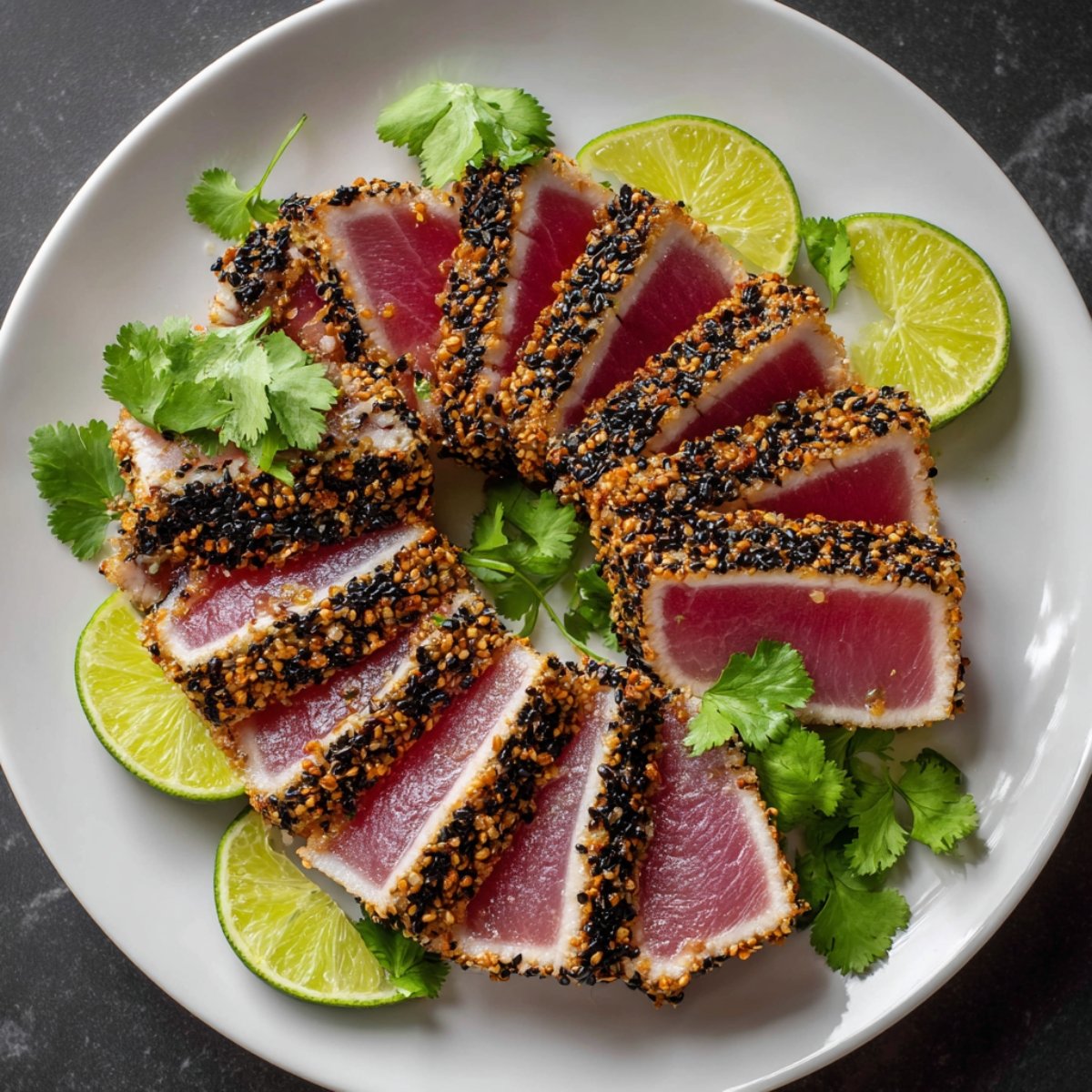 Slices of sesame-crusted ahi tuna arranged in a circular pattern on a white plate, served with lime wedges and garnished with fresh cilantro.