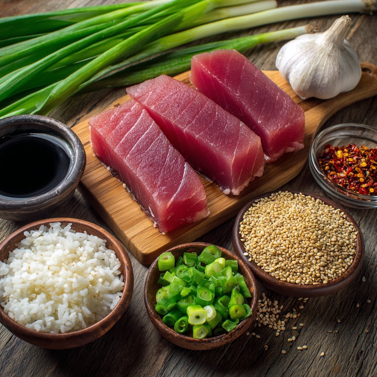 Sliced raw tuna steaks on a wooden board surrounded by green onions, garlic, soy sauce, chili flakes, cooked white rice, chopped scallions, and sesame seeds — all neatly arranged on a rustic wooden surface.