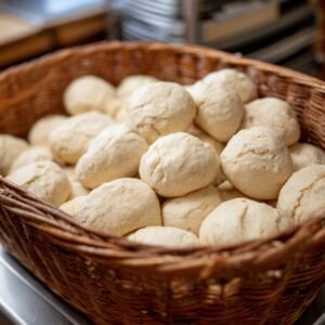 A woven wicker basket overflowing with round, pale dough balls—smooth‑skinned and dusted lightly with flour sitting on a kitchen counter.