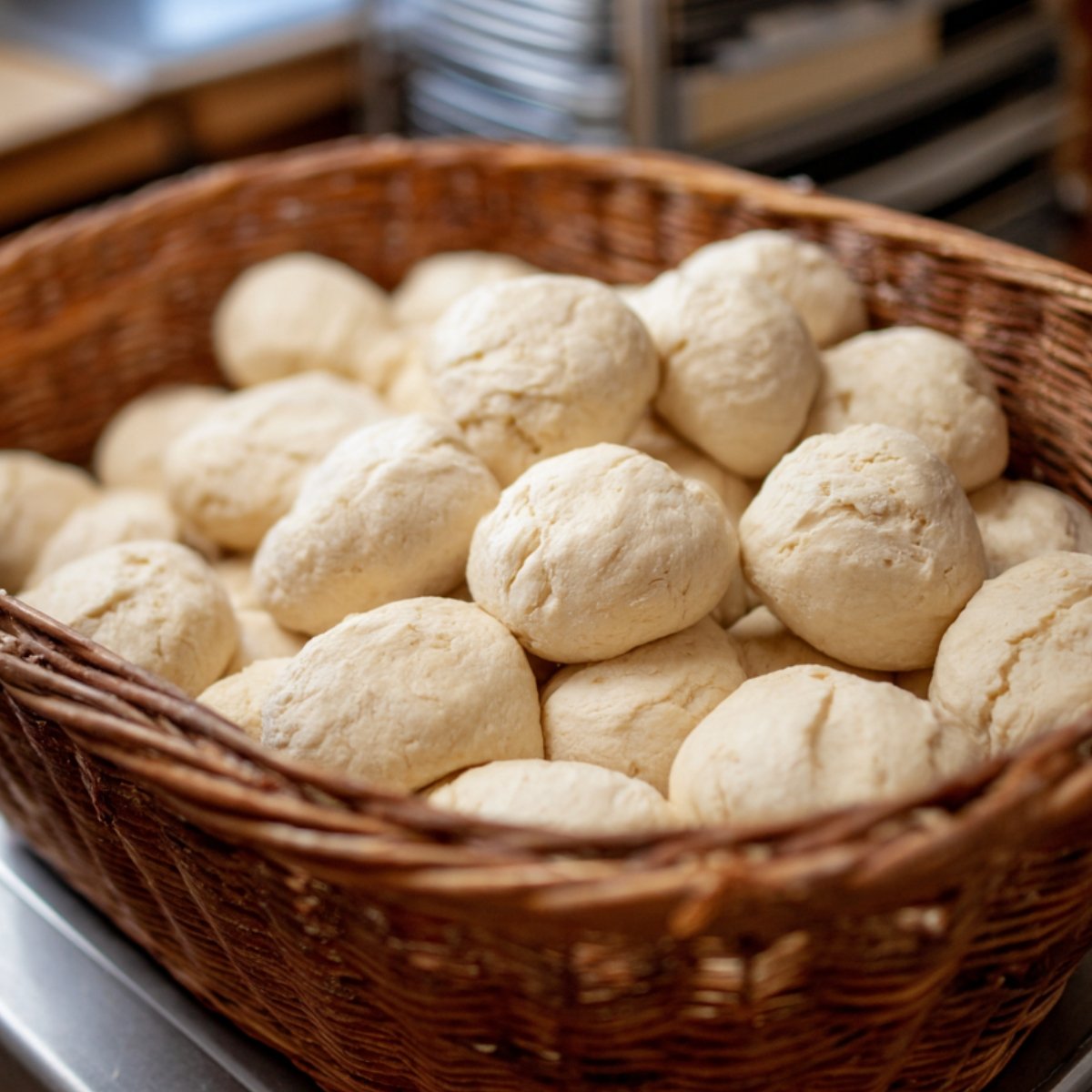 A woven wicker basket overflowing with round, pale dough balls—smooth‑skinned and dusted lightly with flour sitting on a kitchen counter.