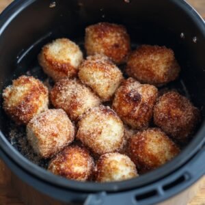 A basket lined with parchment holds a dozen sugar‑and‑cinnamon–coated dough balls, their crisp, golden surfaces flecked with fine granules of spice.