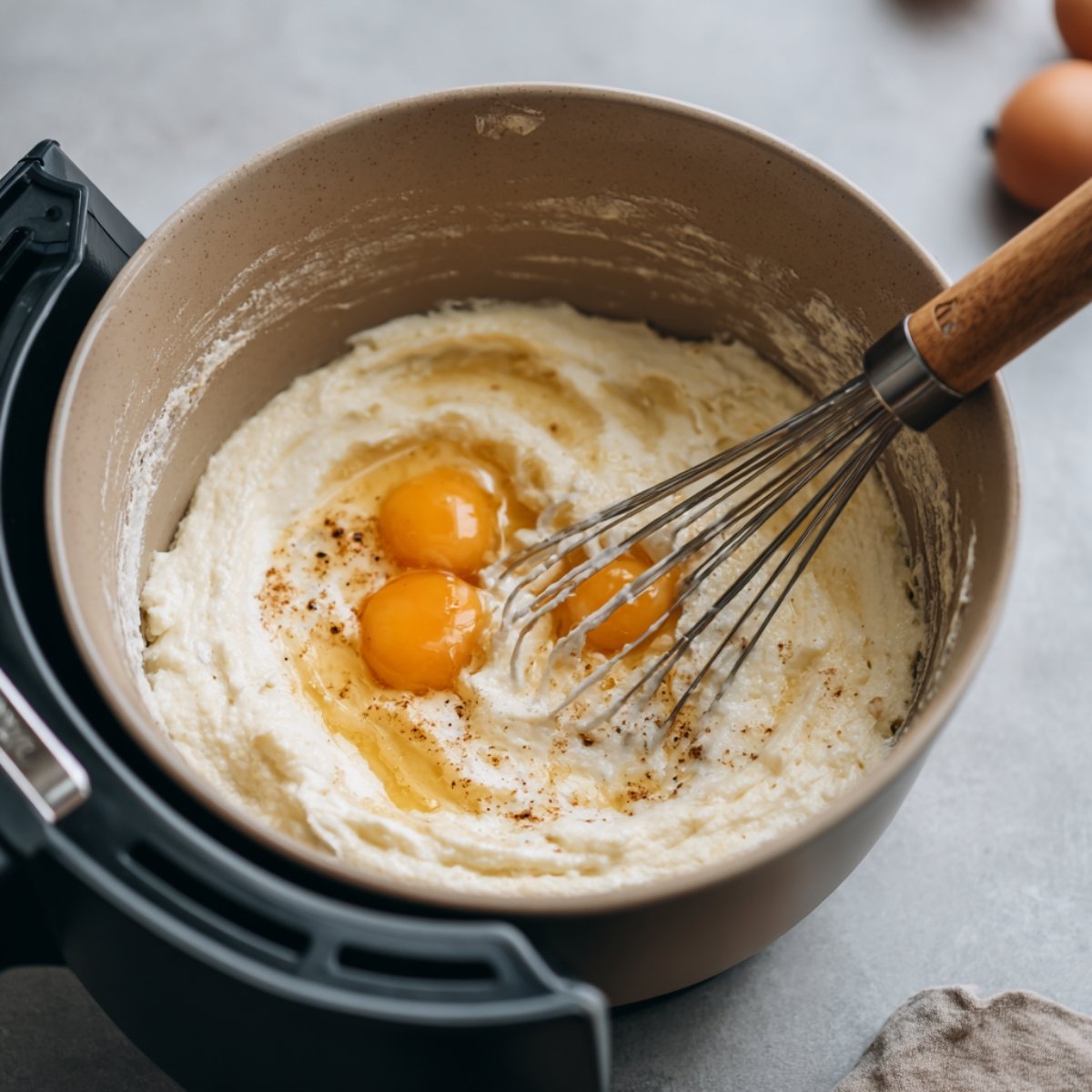 : Inside an air‑fryer bowl, a whisk stirs a creamy batter dotted with two whole egg yolks, the mixture’s glossy texture contrasting against the pan’s matte interior.