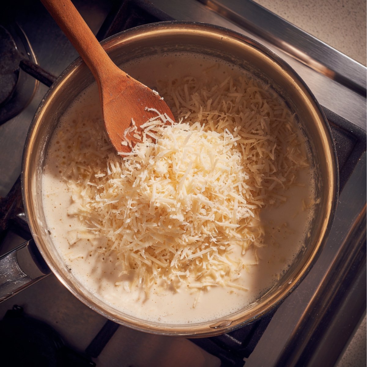 Bird’s‑eye view of a stainless pot on a stovetop containing pale Alfredo sauce speckled with black pepper, stirred by a wooden spoon.