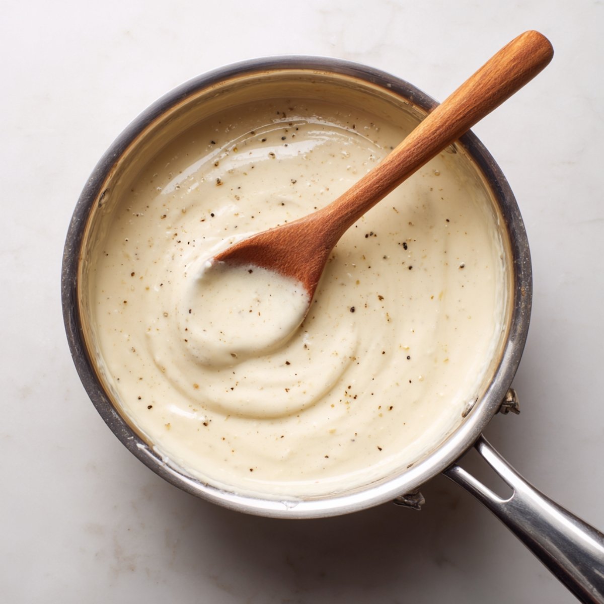 Overhead view of a stainless‑steel pot on a marble countertop filled with smooth Alfredo sauce, with a wooden spoon resting inside.