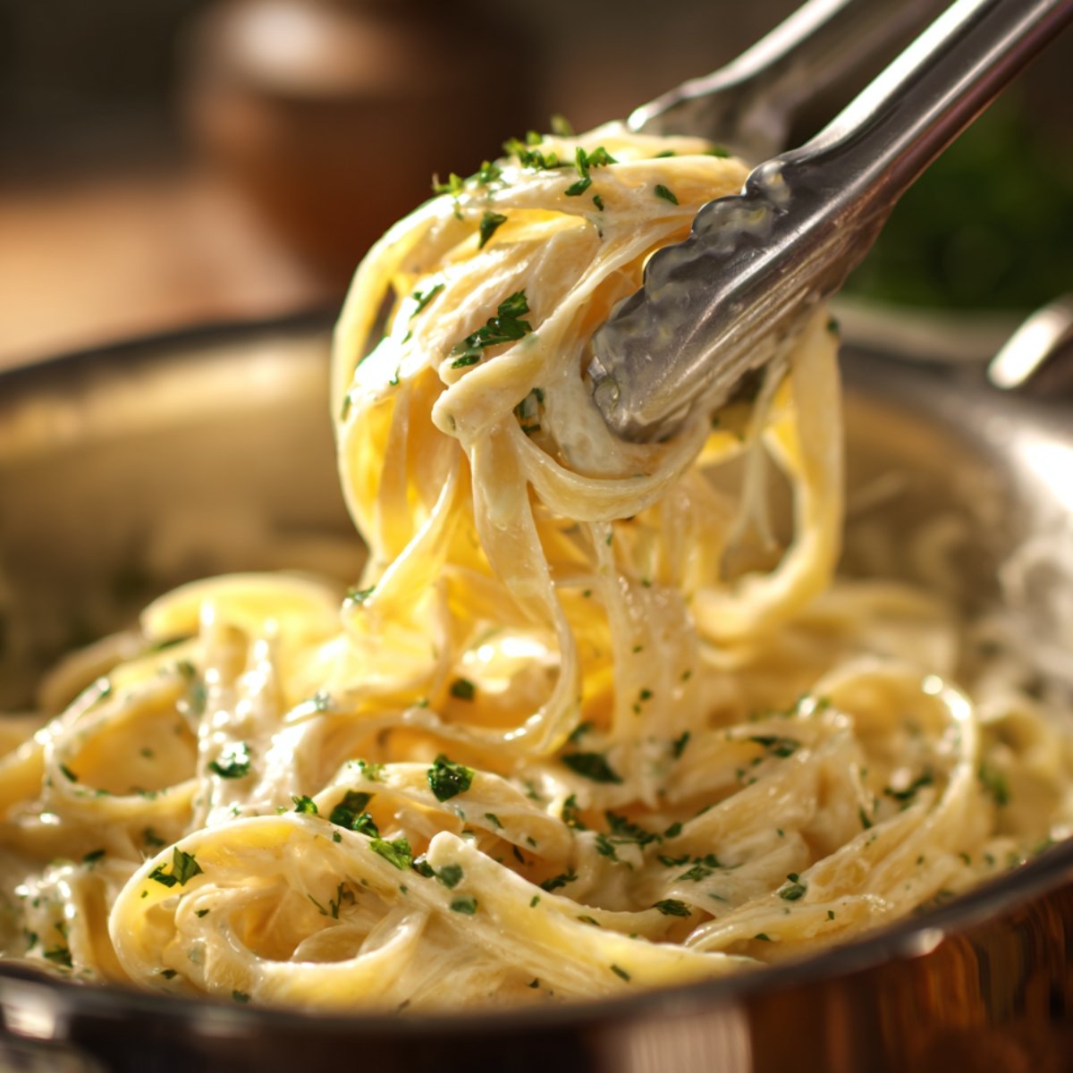 Close‑up of a stainless‑steel pot showing fettuccine noodles coated in creamy Alfredo sauce being lifted by metal tongs, with flecks of chopped parsley visible.
