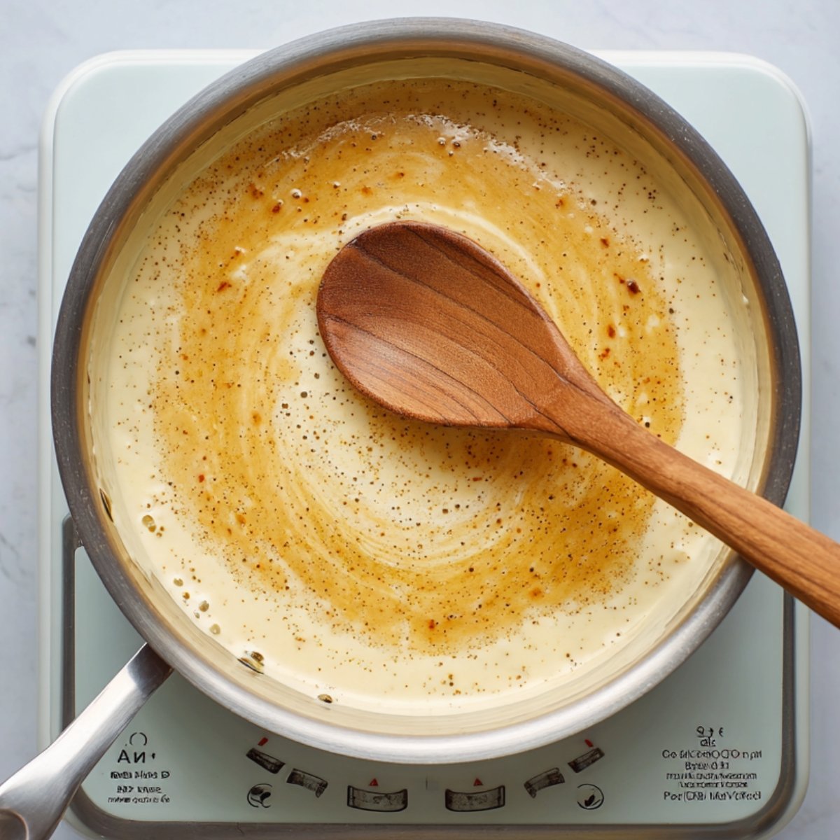 Top‑down shot of a saucepan on a portable electric burner with heated cream and butter forming the base of an Alfredo sauce, stirred by a wooden spoon.