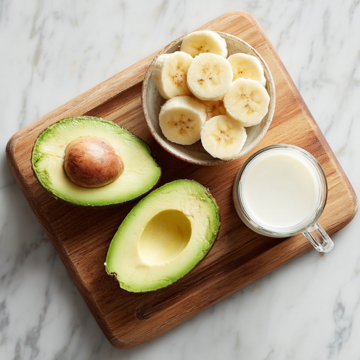 Wooden cutting board on a marble surface holding a halved avocado, a bowl of banana slices, and a glass of milk.