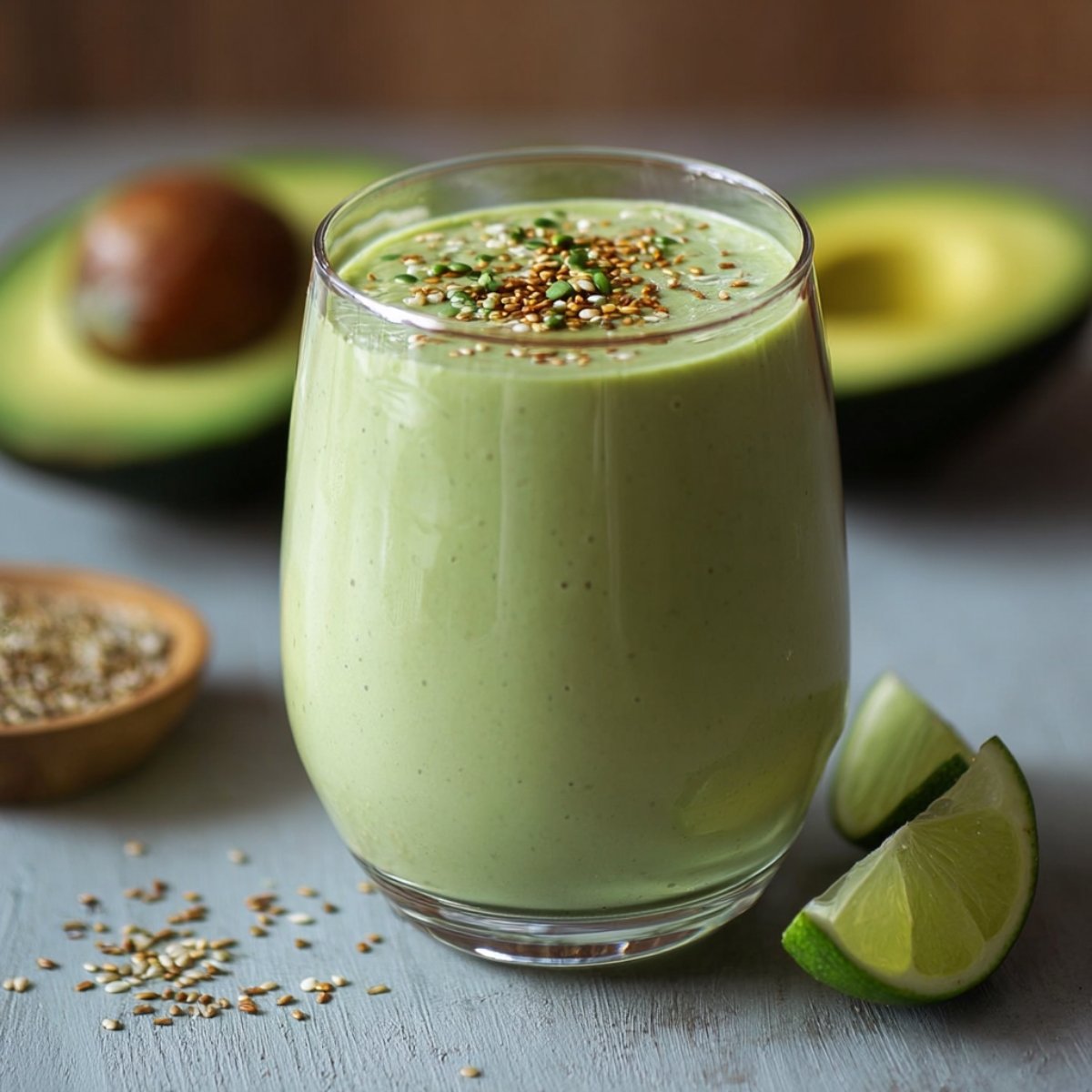 Top‑down view inside a blender showing milk, sliced banana, and cubed avocado before blending