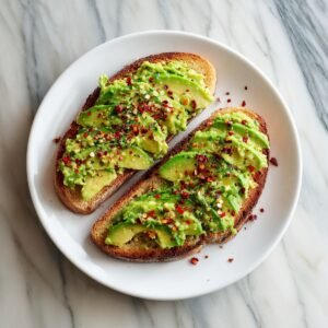 Overhead view of a white plate holding two pieces of sourdough toast smeared with mashed avocado and generously sprinkled with red pepper flakes on a marble countertop.