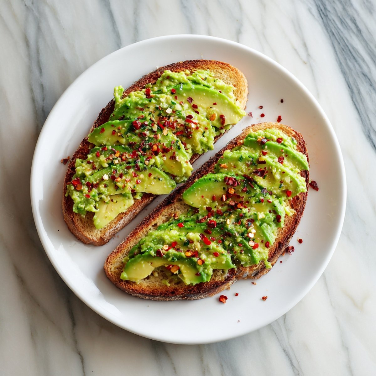 Overhead view of a white plate holding two pieces of sourdough toast smeared with mashed avocado and generously sprinkled with red pepper flakes on a marble countertop.