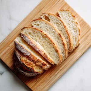 A single slice of sourdough bread cut into five fan-shaped segments, displayed on a bamboo cutting board against a light background.