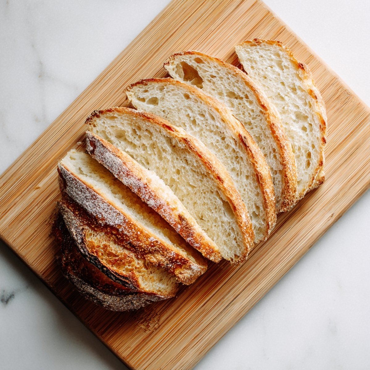 A single slice of sourdough bread cut into five fan-shaped segments, displayed on a bamboo cutting board against a light background.
