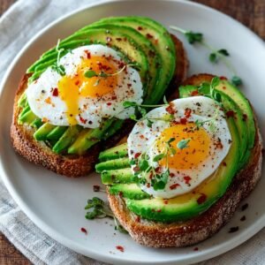 Two slices of avocado toast on a white plate: each topped with perfectly ripe avocado slices and a sunny-side-up egg, sprinkled with red pepper flakes and microgreens, set on a wood tabletop.