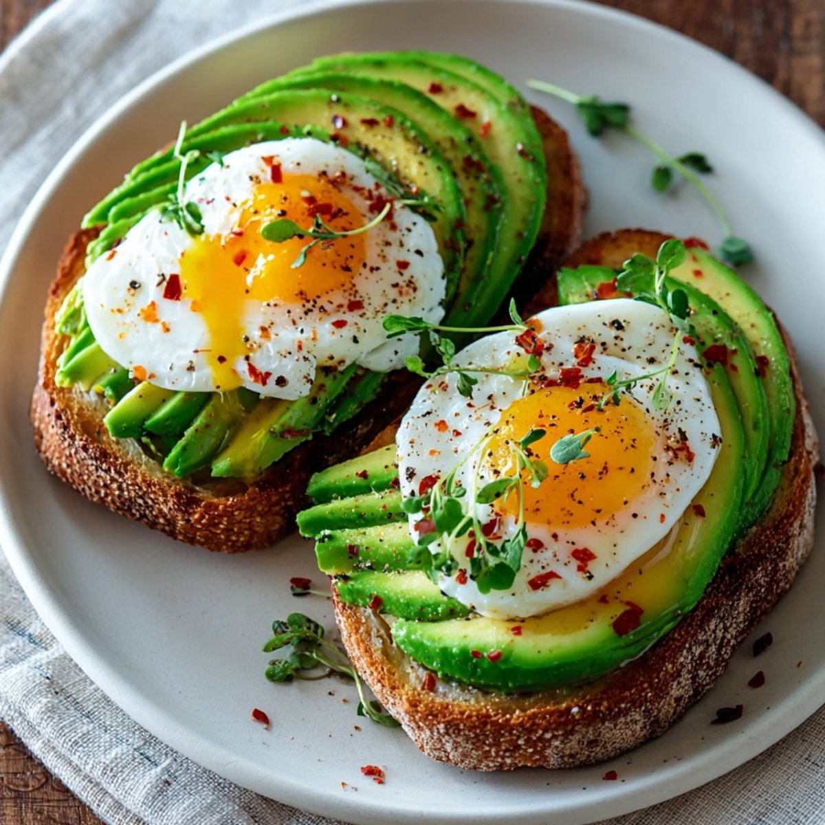 Two slices of avocado toast on a white plate: each topped with perfectly ripe avocado slices and a sunny-side-up egg, sprinkled with red pepper flakes and microgreens, set on a wood tabletop.