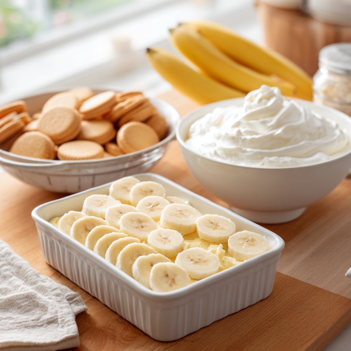 A bright kitchen prep scene with ingredients for banana pudding: a white ceramic dish with sliced bananas, a bowl of whipped cream, vanilla sandwich cookies, and fresh bananas ready for layering.
